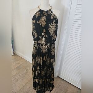 MSK Halter Pleated Maxi Dress Black Gold Floral Metallic Blouson Womens 12